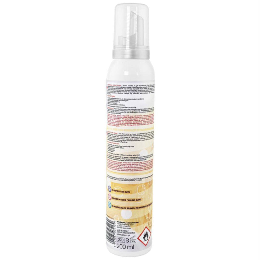 De achterkant van de Tuban Tubi Bath Foam fles met productinformatie en ingrediënten.