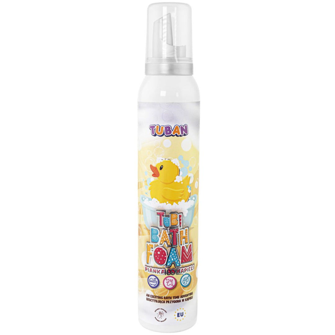 Tuban Tubi Bath Foam voor kinderen, met een afbeelding van een gele badeend op de voorkant van de fles.