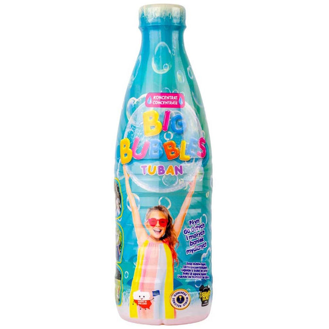 Tuban bellenblaas concentraat in een blauwe fles met een afbeelding van een meisje.