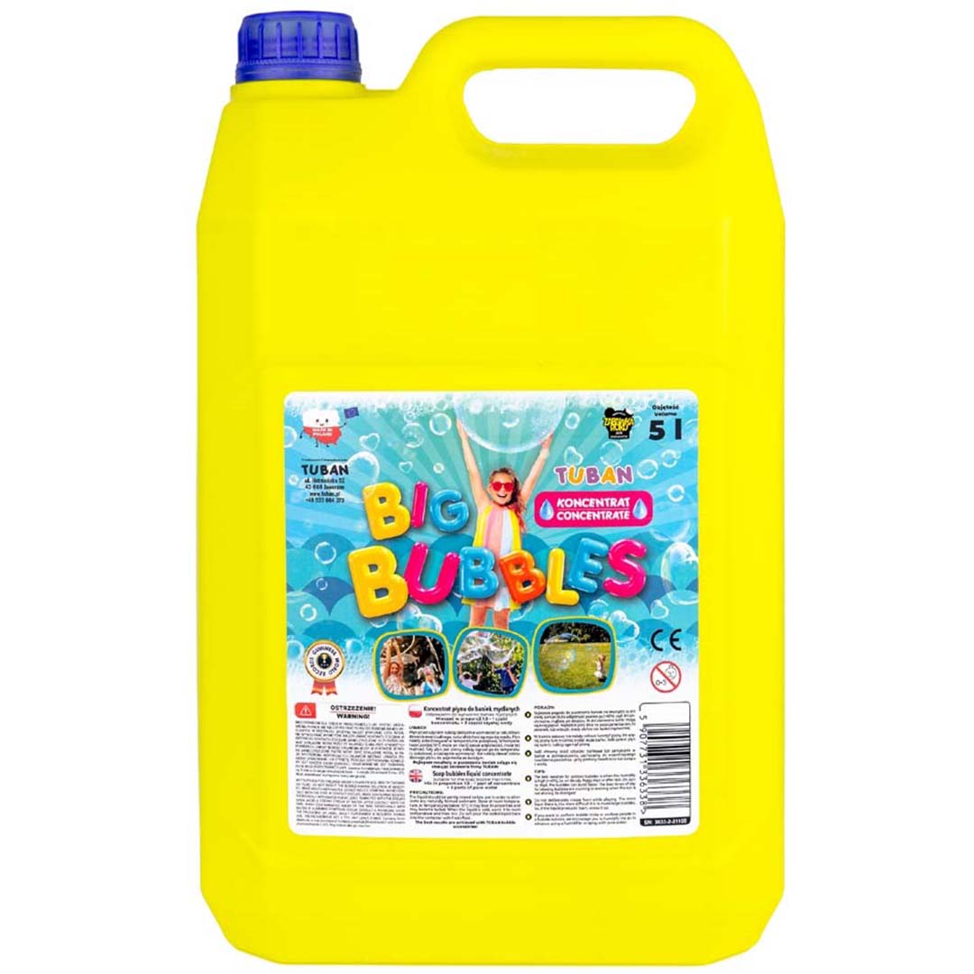 Gele jerrycan van Tuban bellenblaas concentraat van 5 liter met een kleurrijk label.