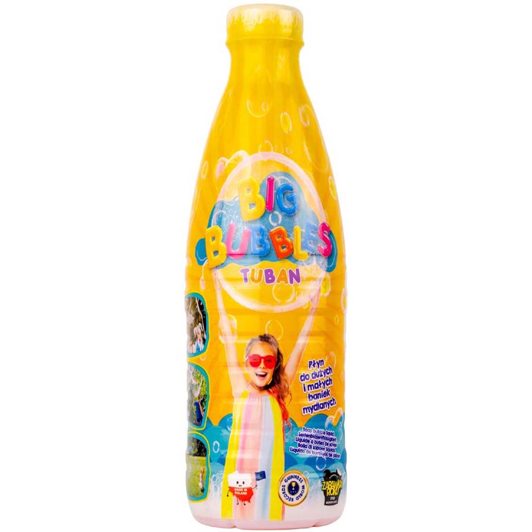 Tuban bellenblaas navulling in een gele fles met 'Big Bubbles' logo en een meisje op het etiket.