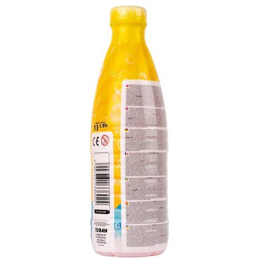 De achterkant van de Tuban gele fles bellenblaas navulling met barcode en productinformatie.