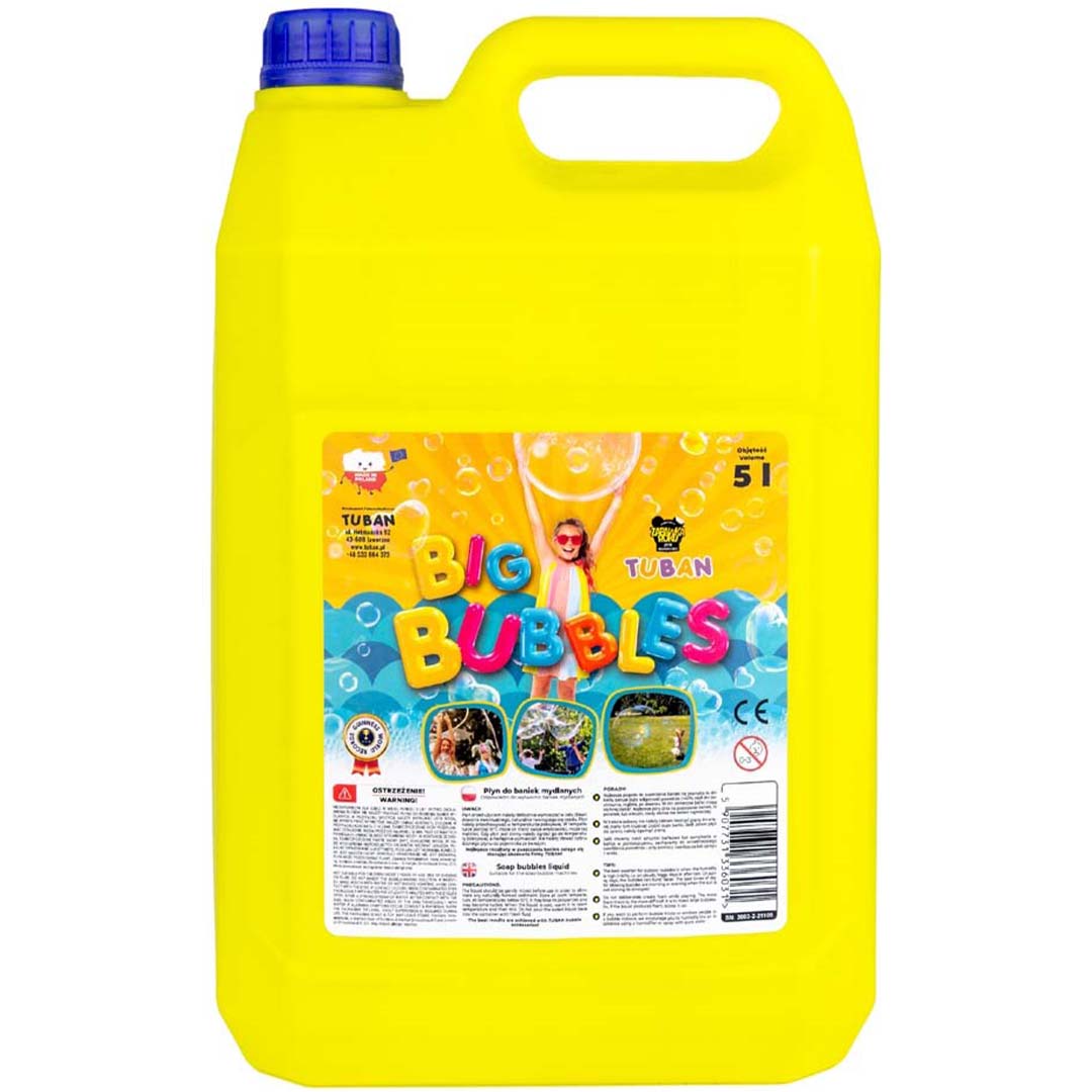 Gele jerrycan van 5 liter Tuban bellenblaas navulling met productlabel.