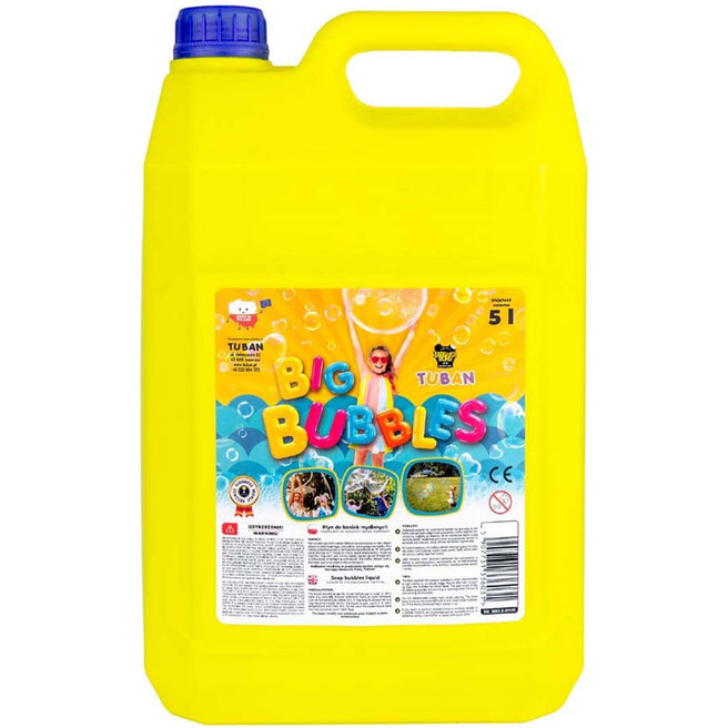 Gele jerrycan van 5 liter Tuban bellenblaas navulling met productlabel.