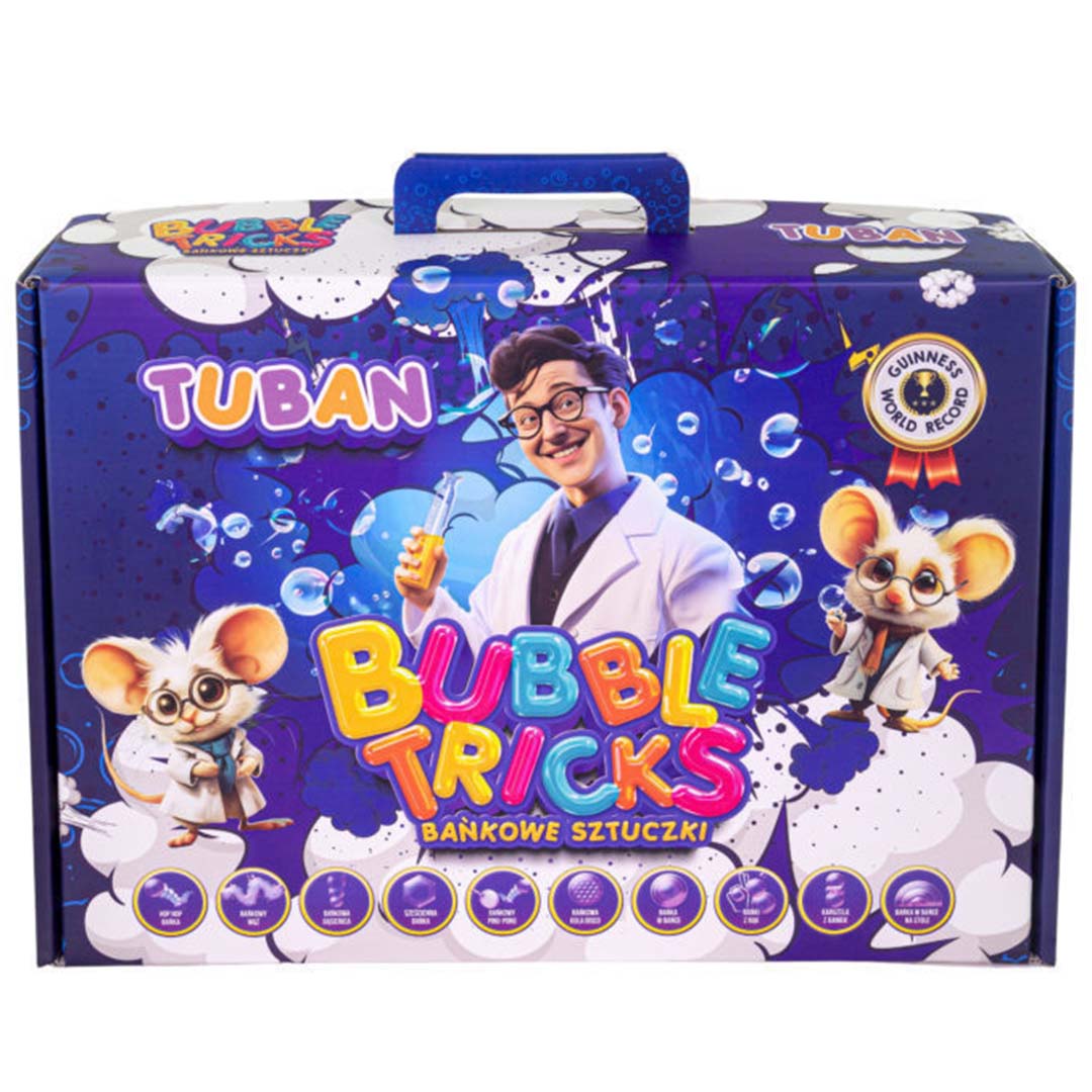 Voorkant van de Tuban Bubble Tricks bellenblaas set verpakking met een man in een labjas en twee cartoonmuizen.