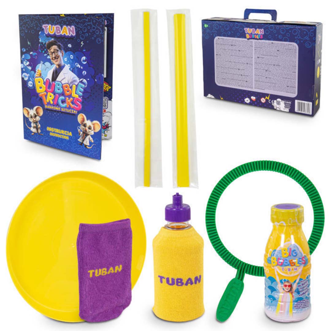 Tuban bellenblaas set met instructieboekje, bellenblaasvloeistof, bellenblaasring, fles, doekje, schaal en rietjes.