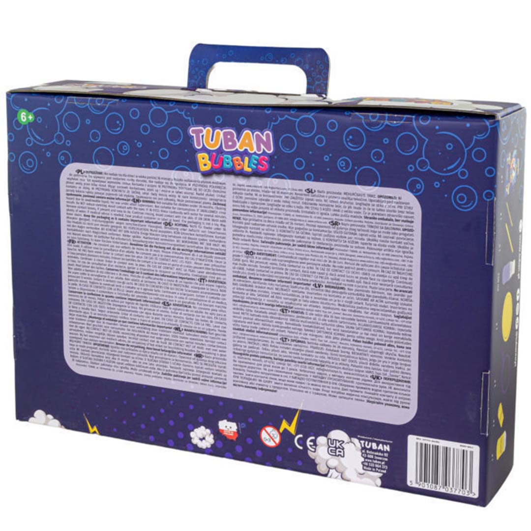 Achterkant van de Tuban Bubble Tricks bellenblaas set verpakking met productinformatie in verschillende talen en een barcode.