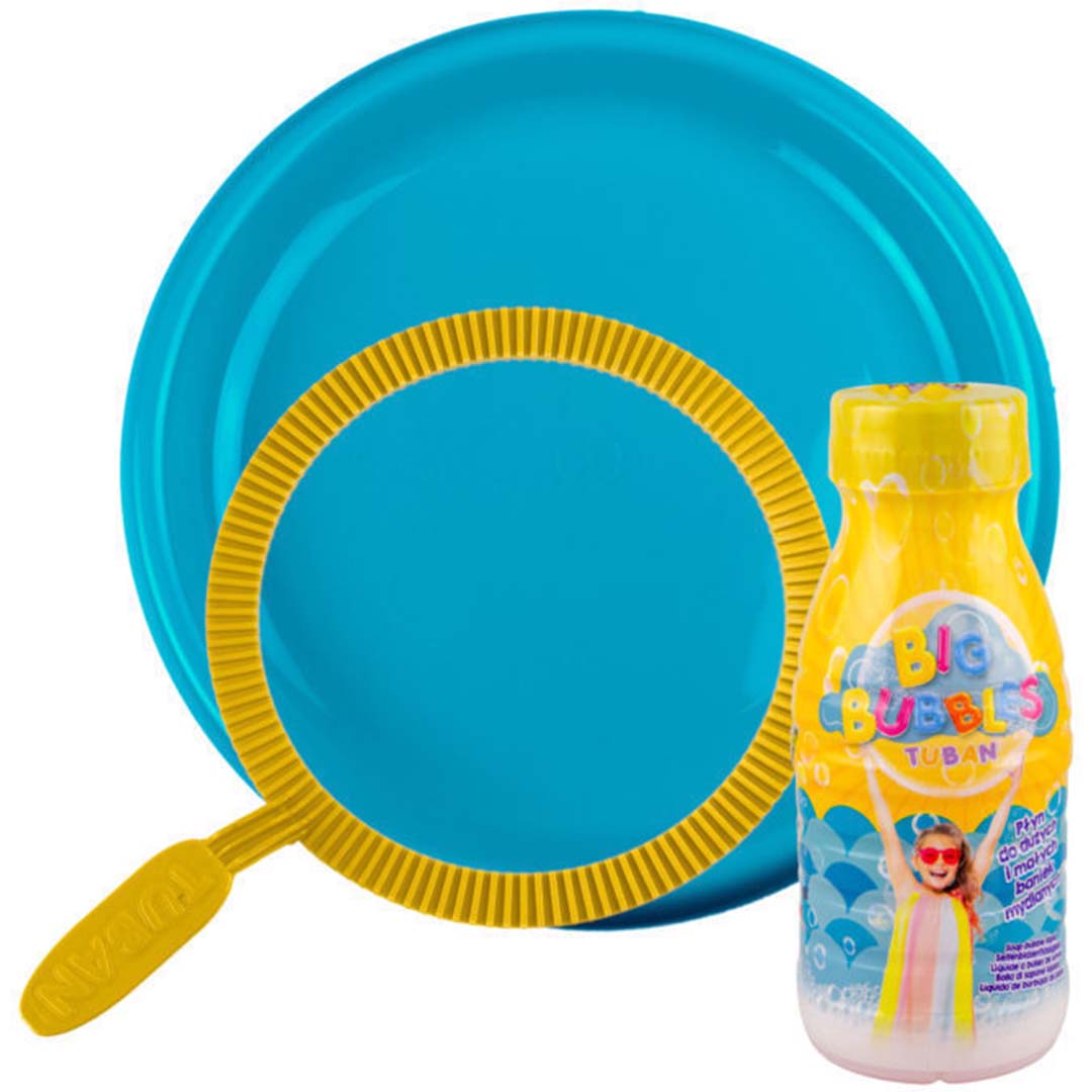 Tuban bellenblaas set met blauw bord, gele ring en fles vloeistof.