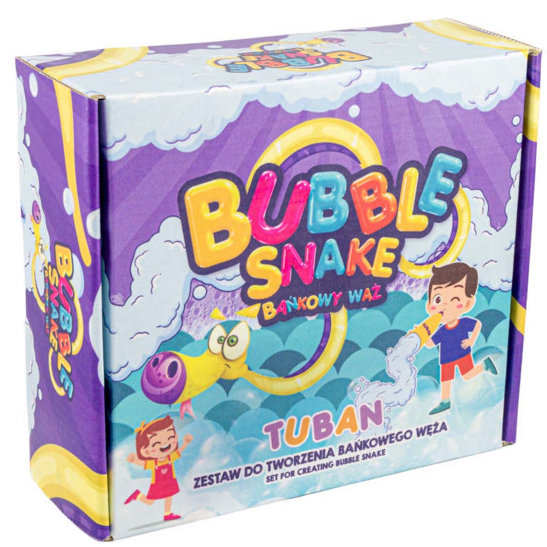 De verpakking van de Tuban Bubble Snake bellenblaas set met kleurrijke illustraties van kinderen en een bellenblaasslang.