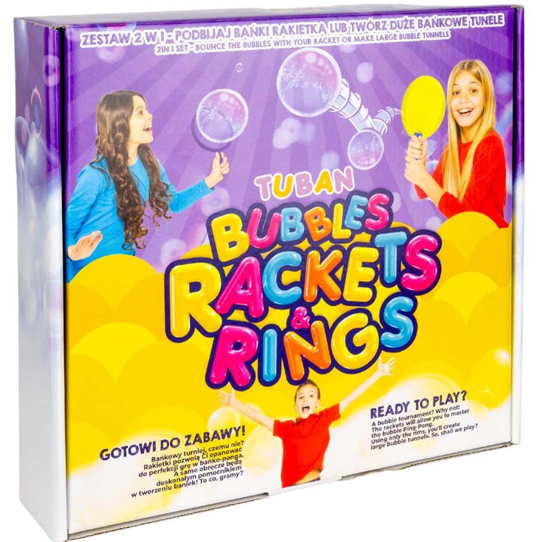 Verpakking van de Tuban Bubbles Rackets & Rings bellenblaas set met spelende kinderen.