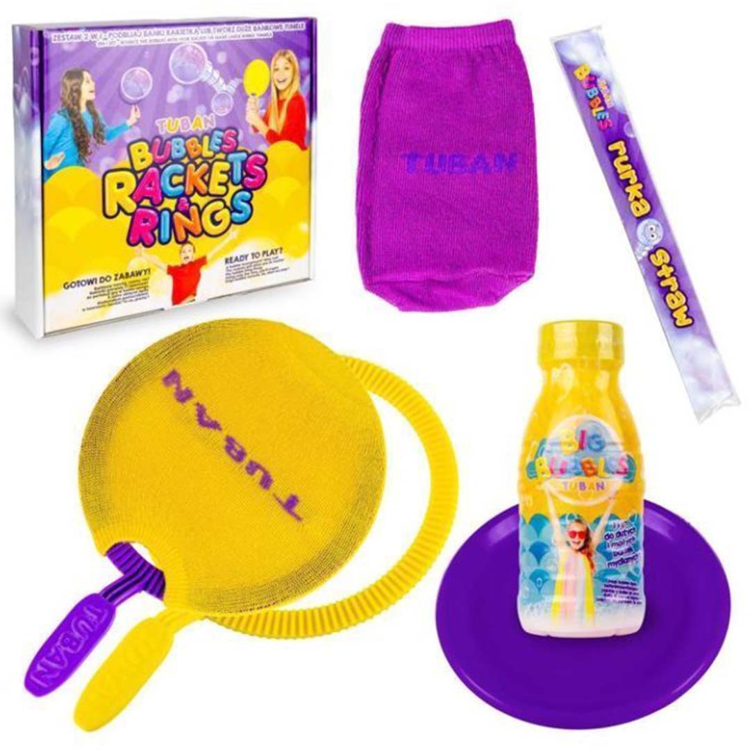 Tuban bellenblaas set met gele rackets, paarse schaal, bellenblaasvloeistof en verpakking.