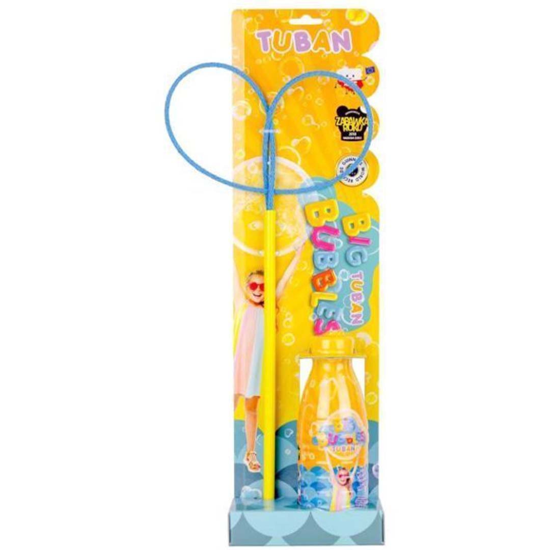 Verpakking van de Tuban bellenblaas set met ring en vloeistof, met een kind dat bellen blaast.