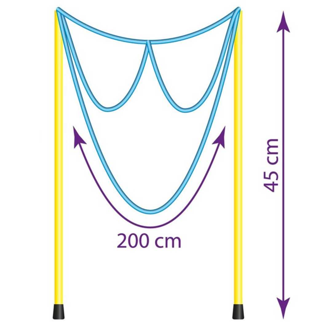 Infographic van een gele bellenblaas toverstok met blauwe lussen en afmetingen van 45 bij 200 cm.