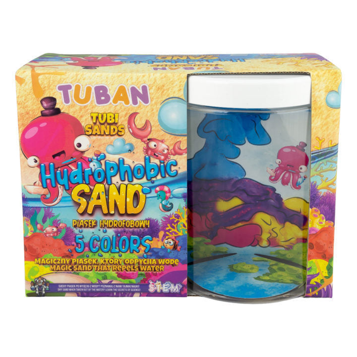 Verpakking van de Tuban hydrofoob zand wetenschapsset met 5 kleuren en een aquarium.