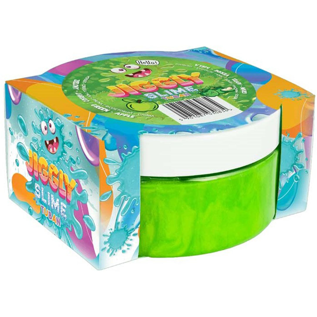 Verpakking van Tuban Jiggly slijm in de kleur groen met een groen appel thema.