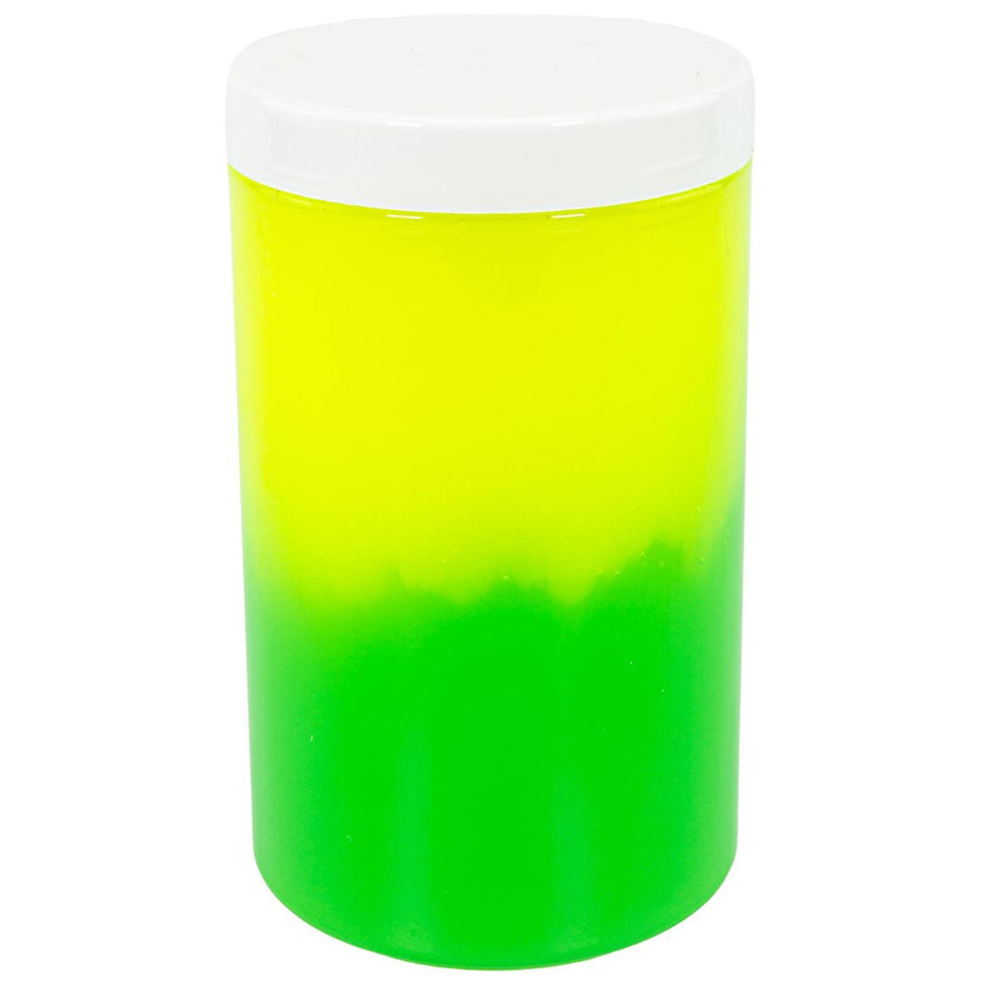 Tuban jiggly slijm in een transparante cilinder met een geel-groene neon kleurverloop.