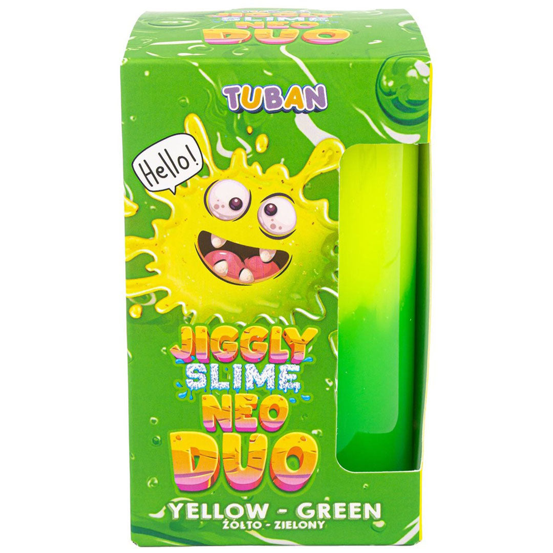 De groene verpakking van Tuban Jiggly Slime Neo Duo met een kijkvenster en een cartoonfiguur.