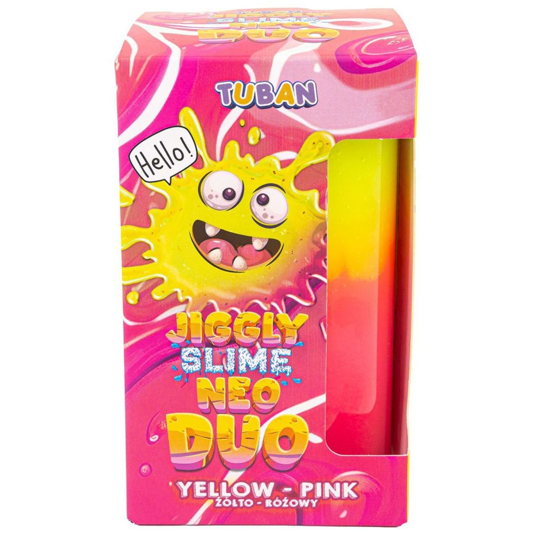 De verpakking van Tuban Jiggly Slime Neo Duo Yellow-Pink met een cartoon monster en een zichtbaar deel van de gele en roze slijm.