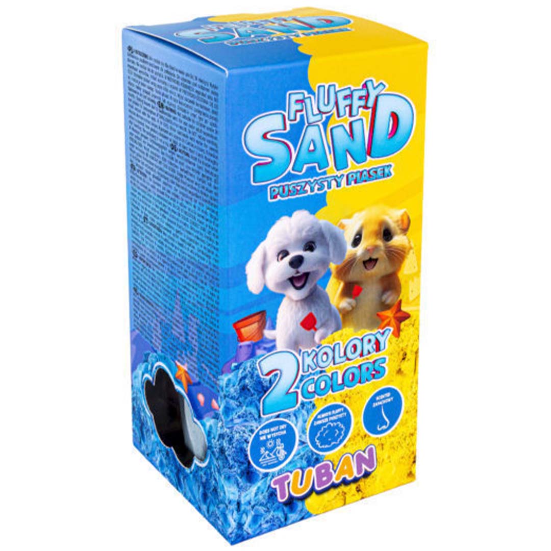 De verpakking van Tuban Fluffy Sand kinetisch zand met cartoon dieren en de tekst '2 KOLORY COLORS'.