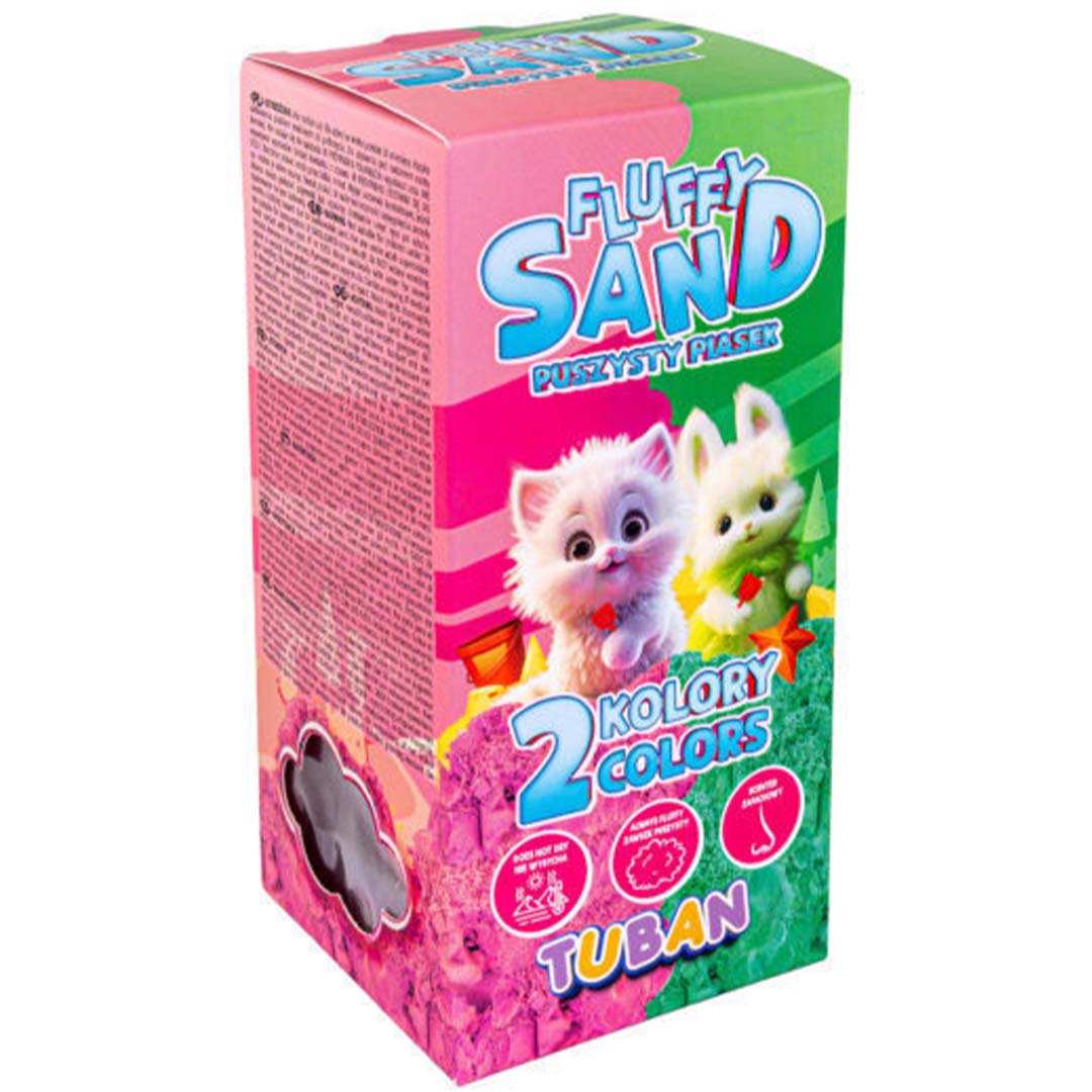 Tuban verpakking van fluffy kinetisch zand met twee schattige dieren en de tekst '2 KOLORY COLORS'.