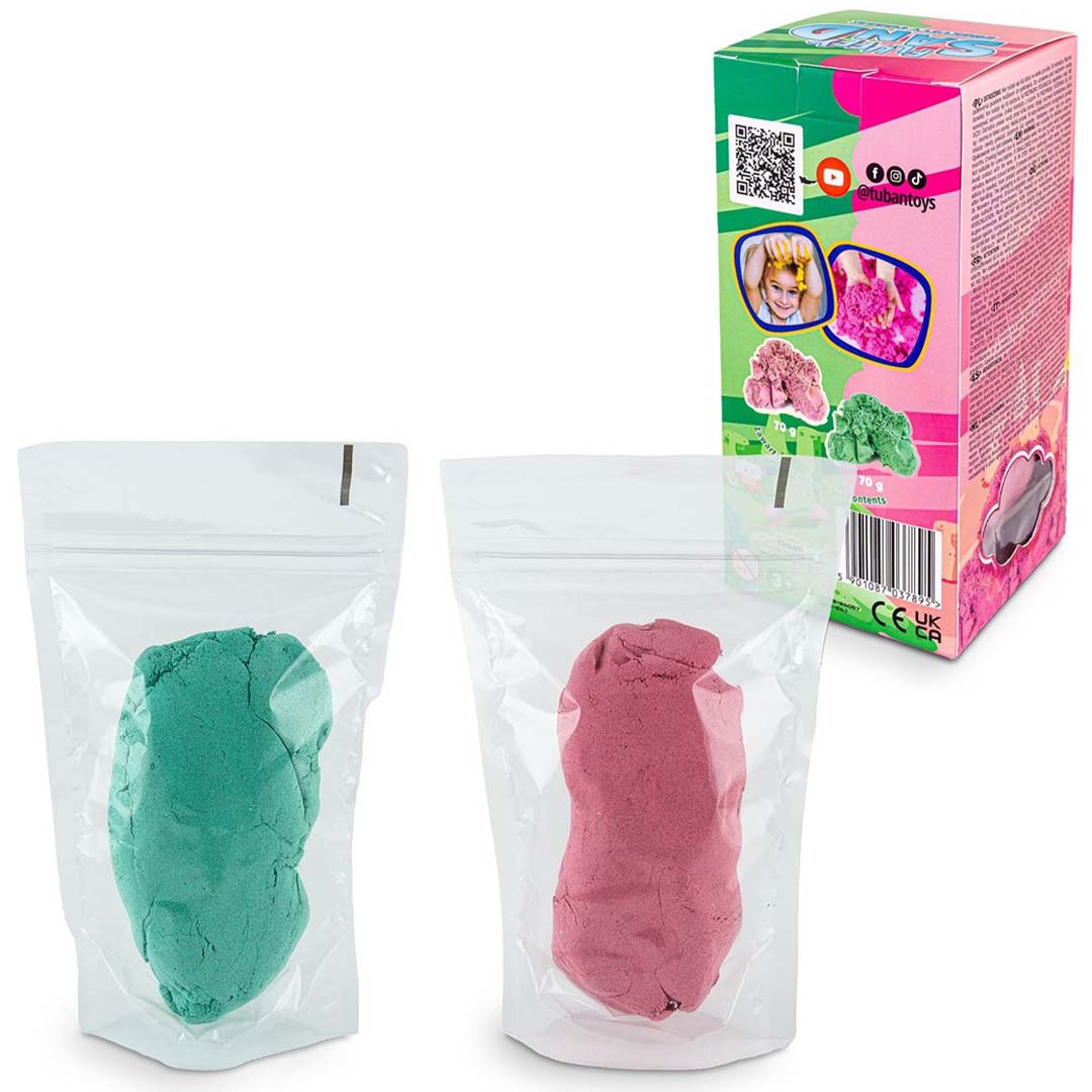 Twee doorzichtige zakjes met roze en groen fluffy kinetisch zand.