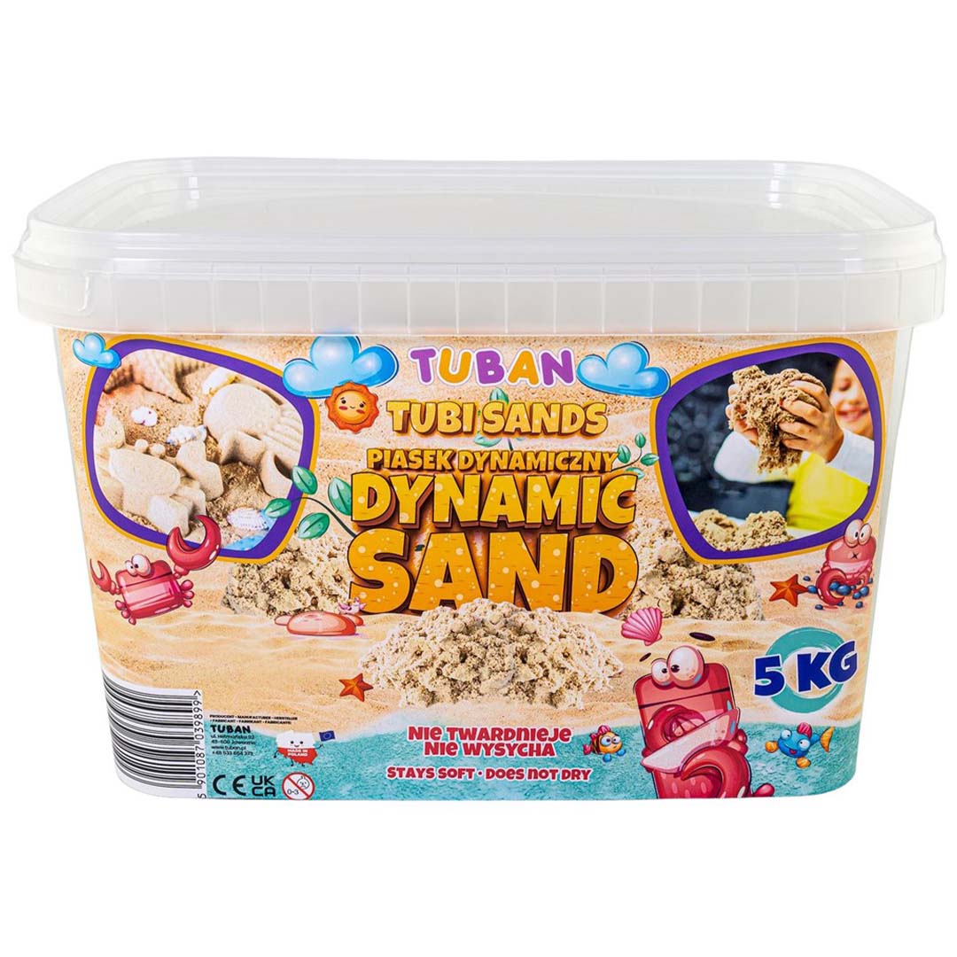 Voorkant van de Tuban verpakking met 5 kg beige kinetisch zand.