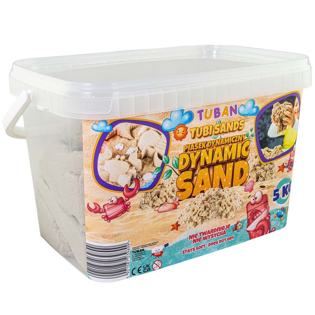 Schuine weergave van de Tuban verpakking met 5 kg beige kinetisch zand.