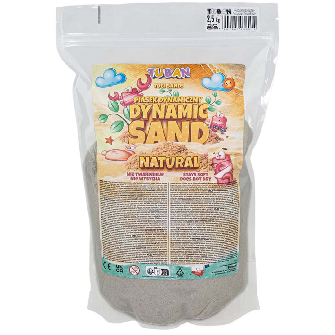 Verpakking van Tuban kinetisch zand, 2,5 kg, in een doorzichtige zak.