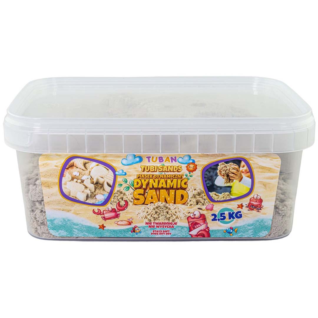 Verpakking van Tuban kinetisch zand in een doorzichtige plastic bak van 2,5 kg.