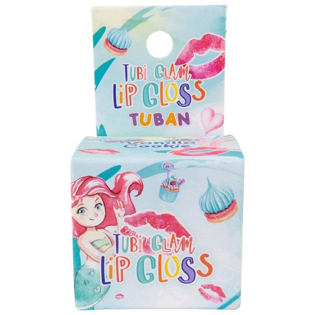 Tuban Tubi Glam lipgloss verpakking met een zeemeermin en cupcakes.