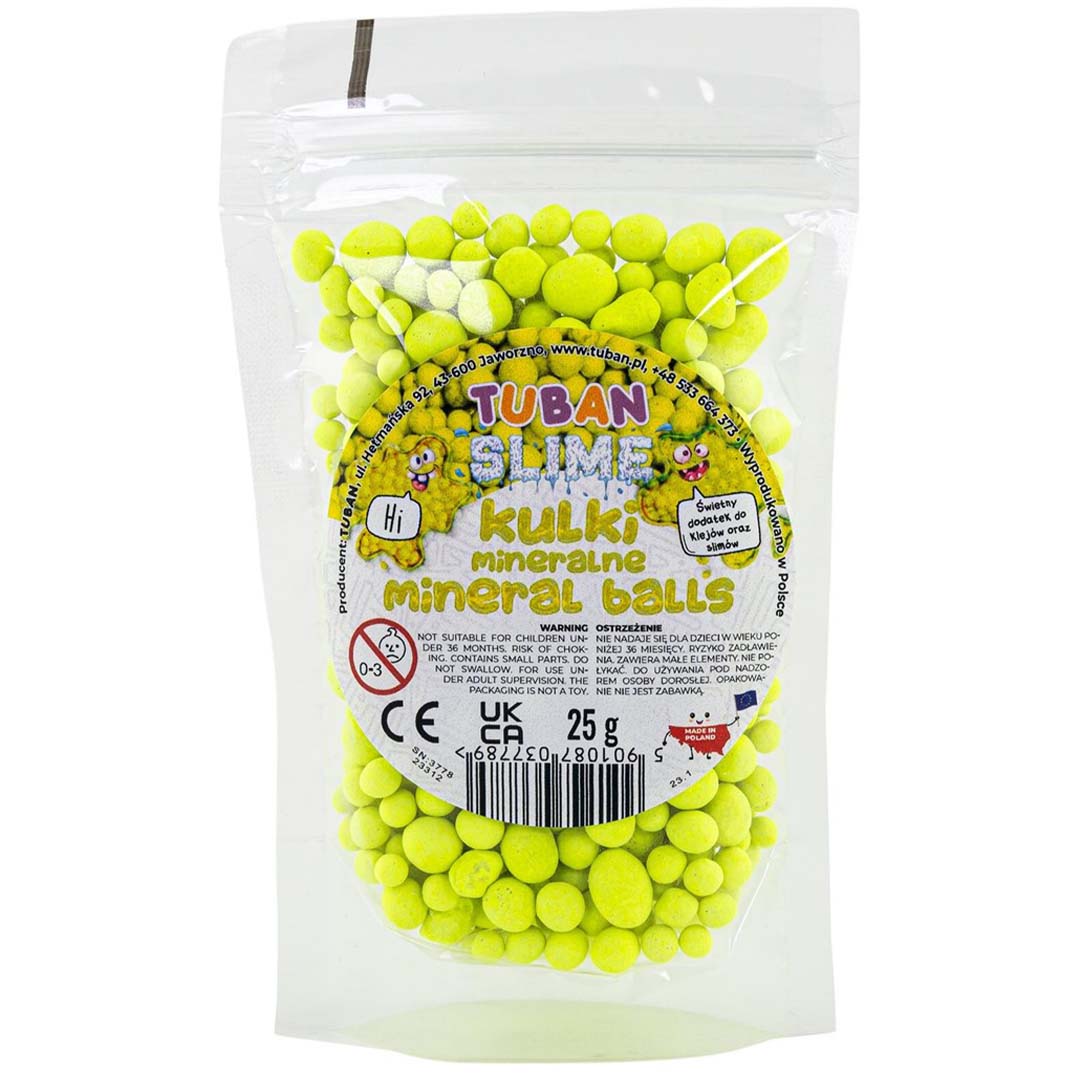 Verpakking van Tuban minerale balletjes, geel sensorisch speelgoed.