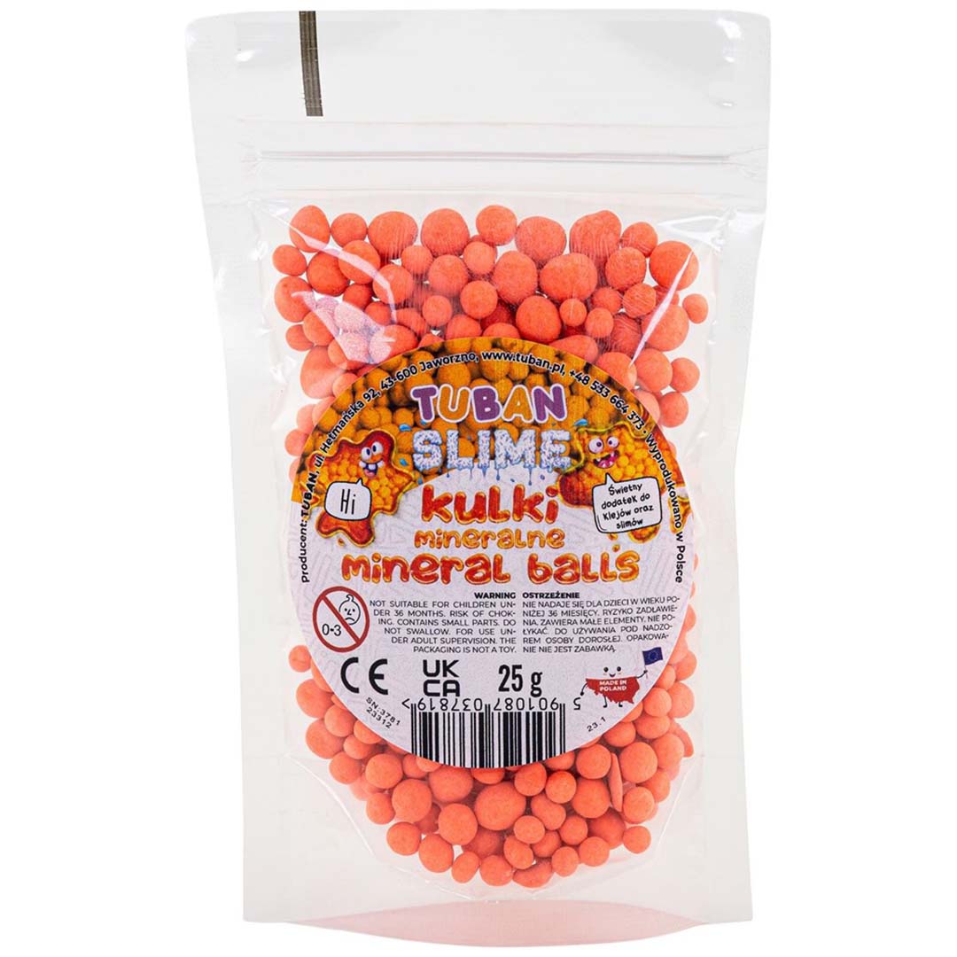Tuban verpakking van oranje minerale balletjes voor sensorisch speelgoed.