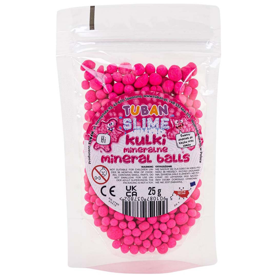 Tuban verpakking met roze minerale balletjes voor slijm.