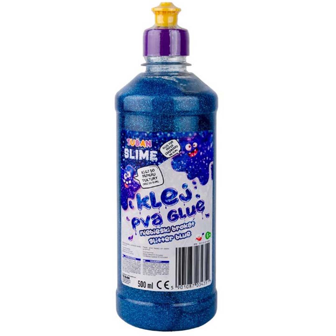 Fles Tuban blauwe PVA glitterlijm van 500 ml.