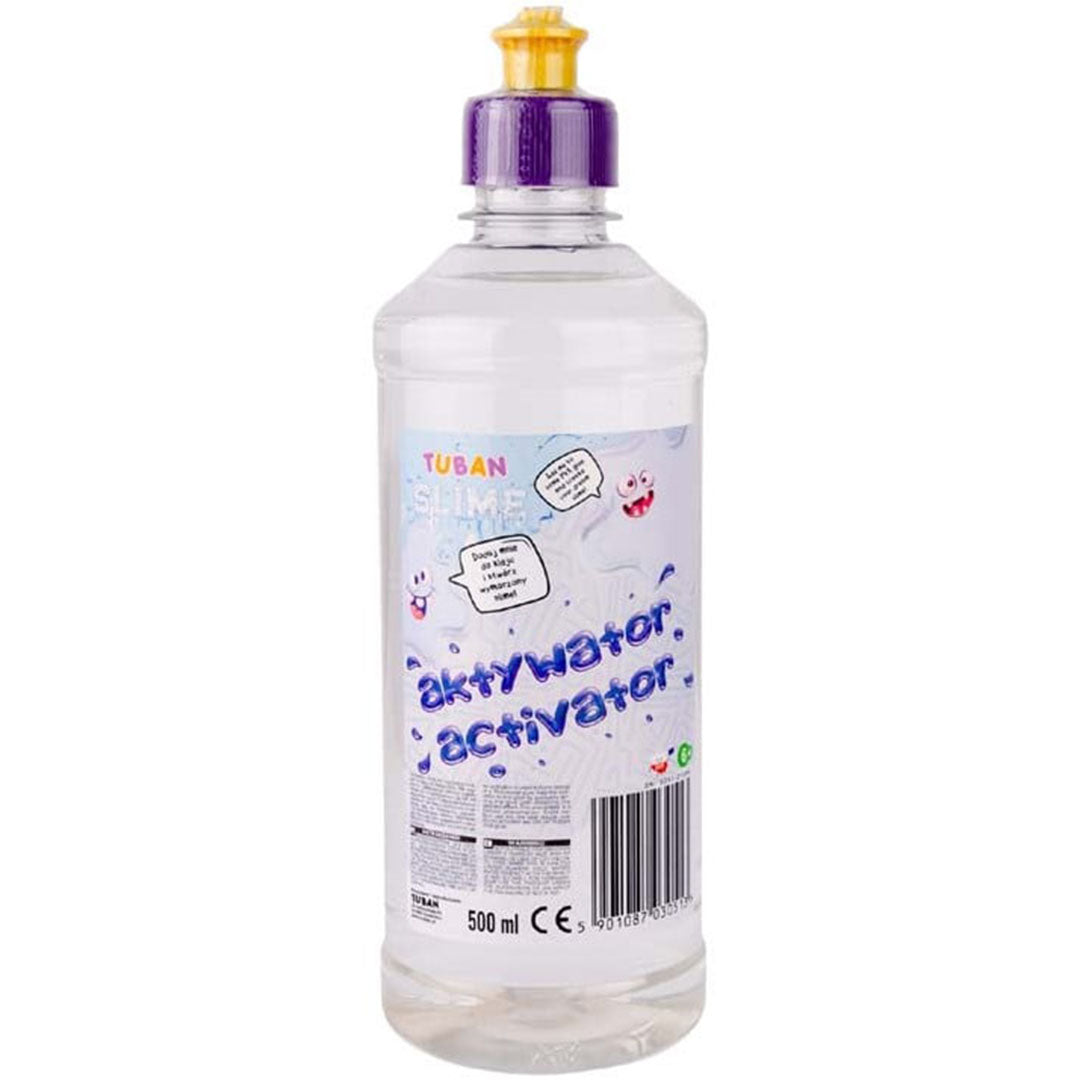 Een transparante fles Tuban slijm activator met een paarse dop en een label met de tekst 'aktywator activator'.