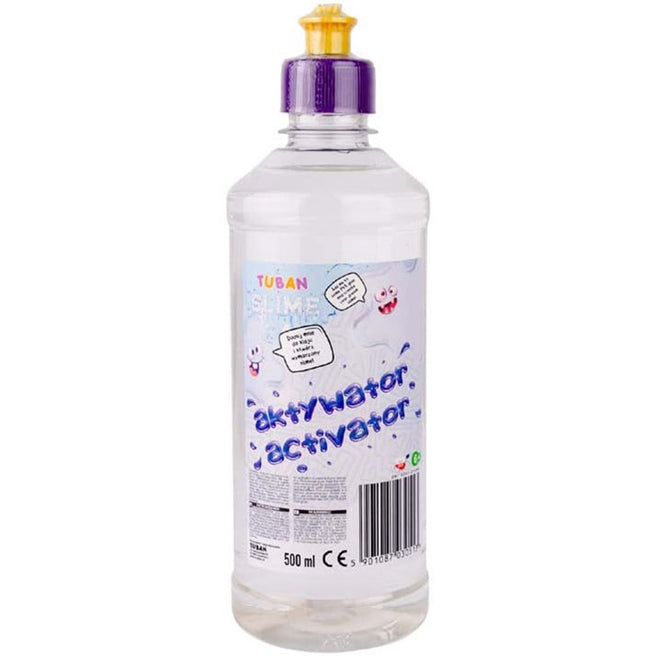 Een transparante fles Tuban slijm activator met een paarse dop en een label met de tekst 'aktywator activator'.