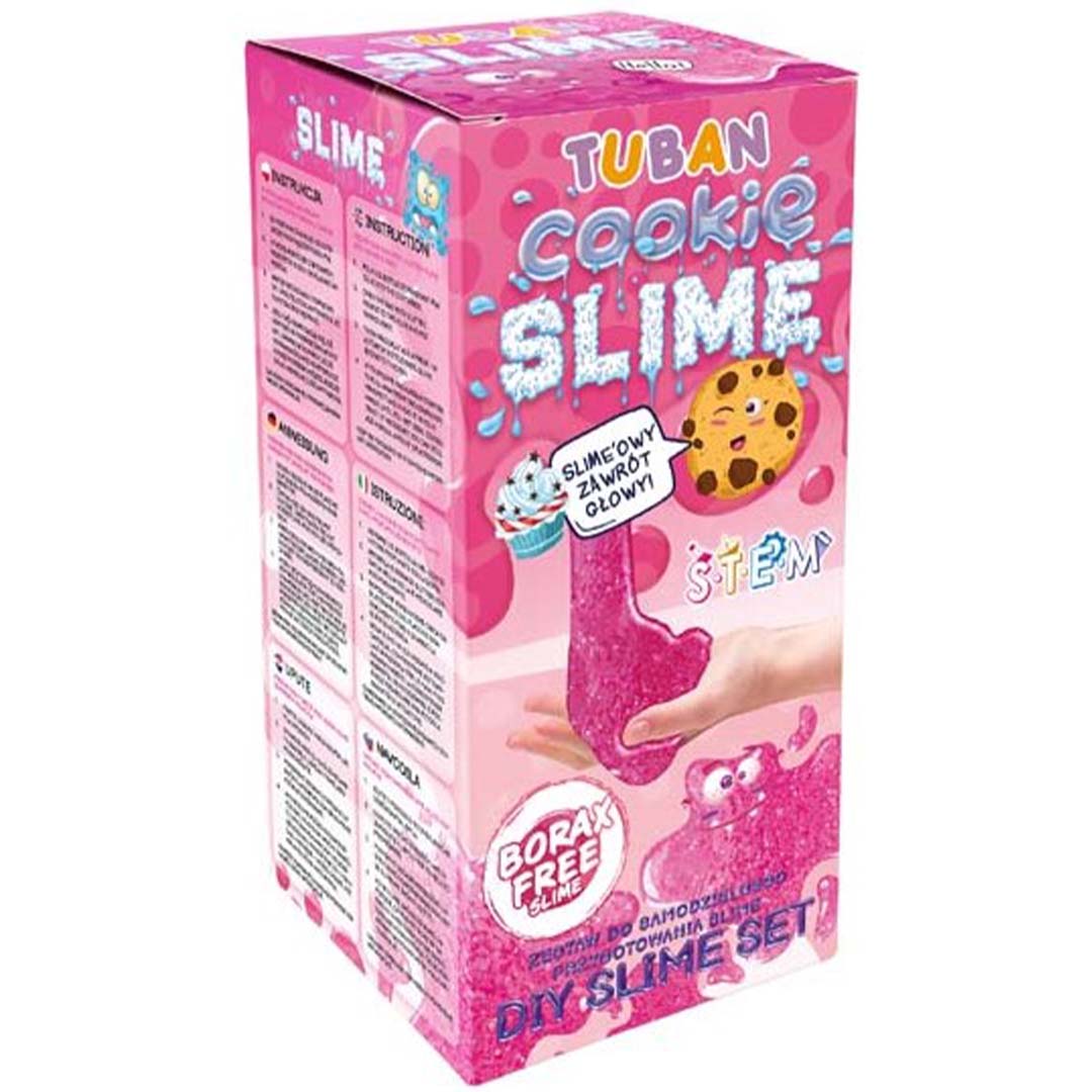 Tuban Cookie Slime DIY slijm- en kleispeelgoed verpakking met roze en witte opdruk.