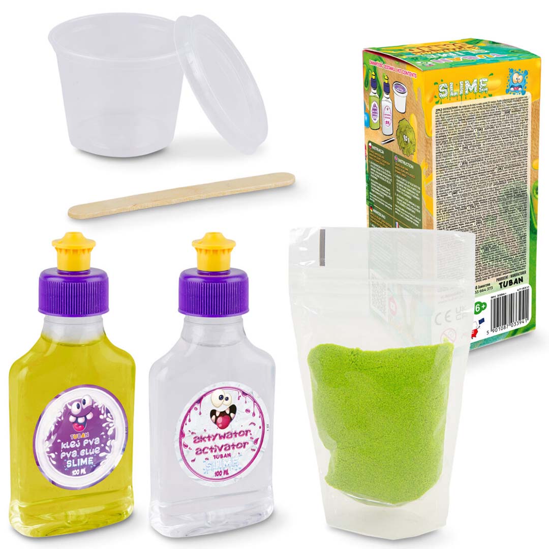 Onderdelen van de Tuban slijm en dynamisch zand DIY set, inclusief lijm, activator, zand en mengbeker.