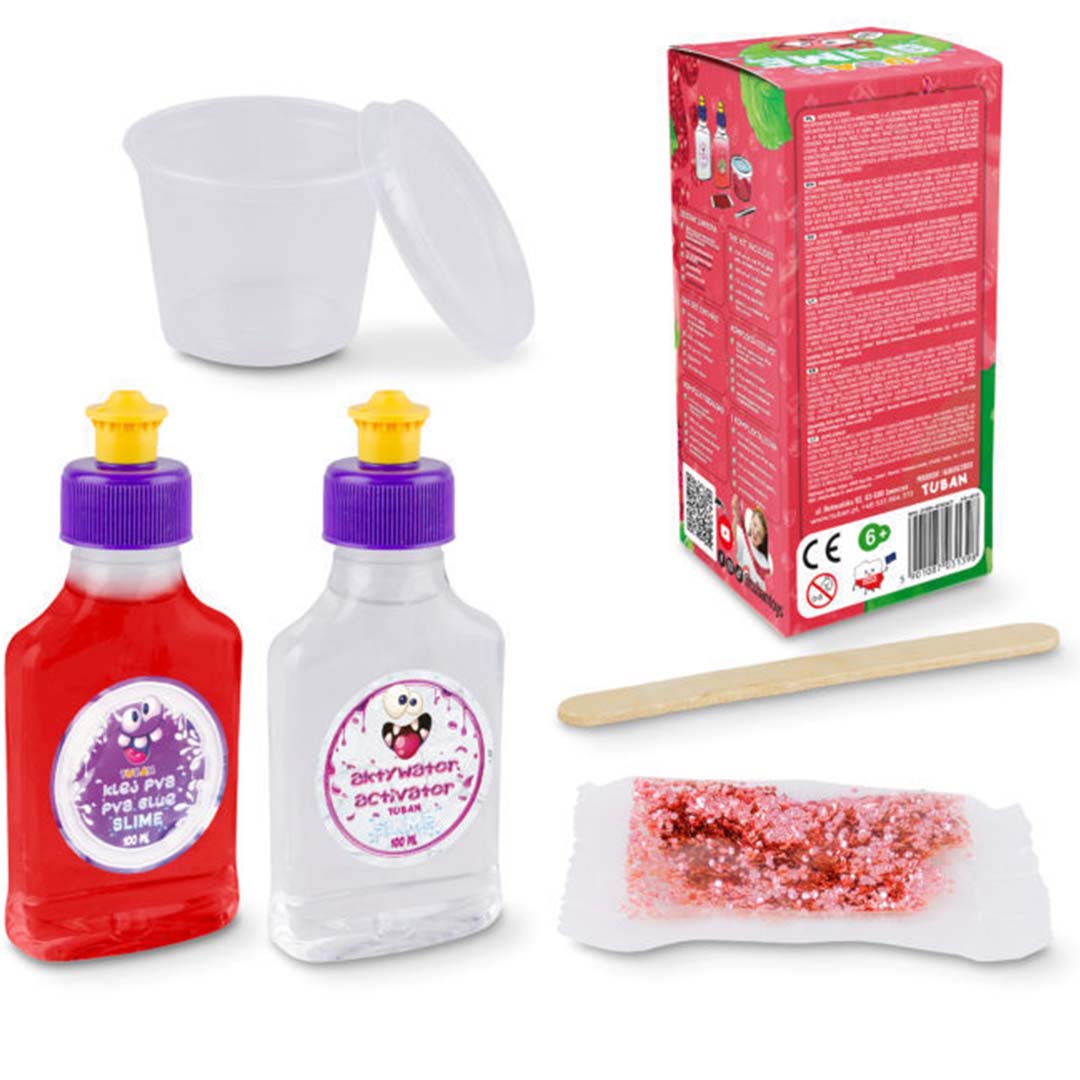 Alle onderdelen van de Tuban aardbei slijm maken set, inclusief lijm, activator, glitter en een mengbakje.