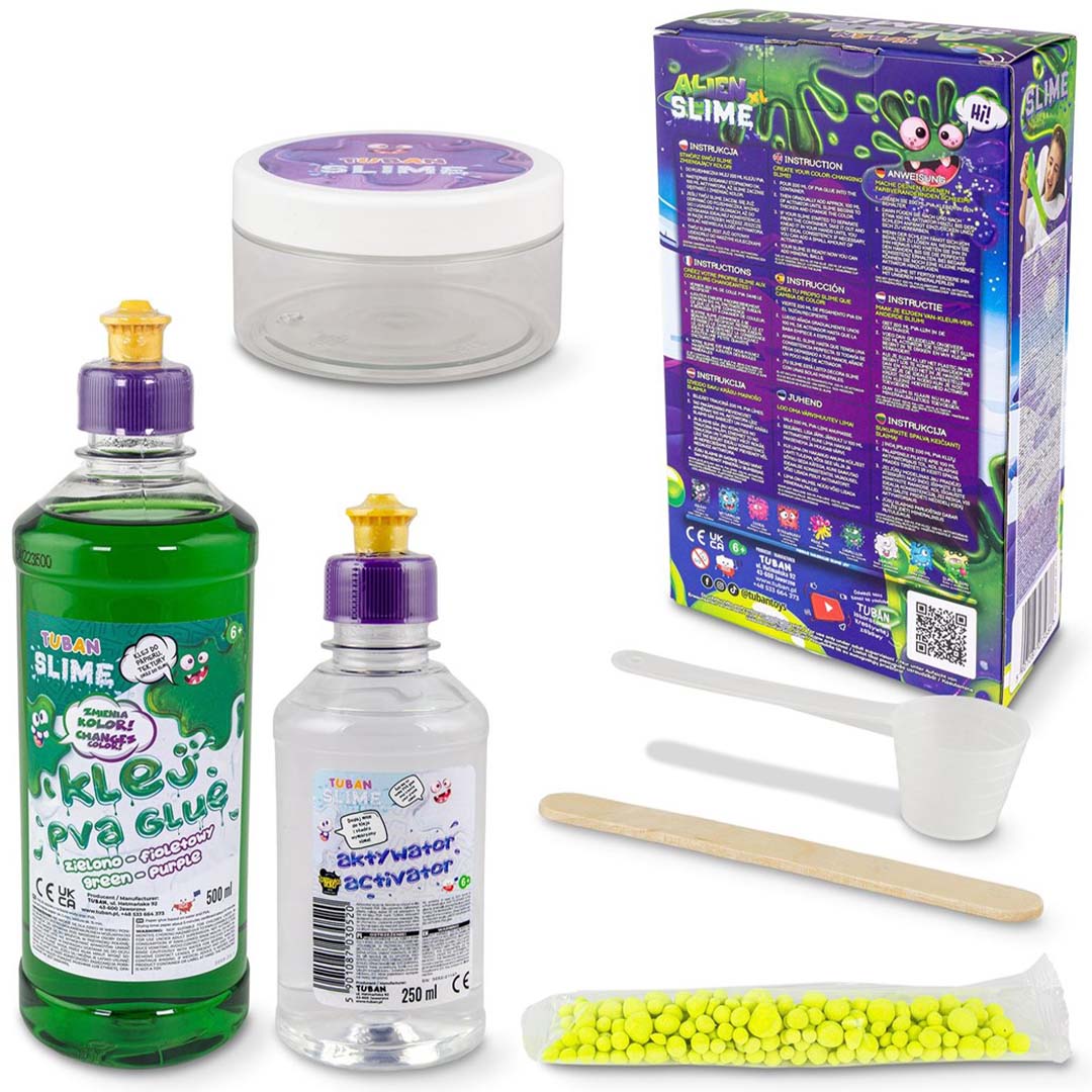 De inhoud van de Tuban Alien XL slijm maken set met flessen lijm en activator, een potje, gereedschap en gele balletjes.
