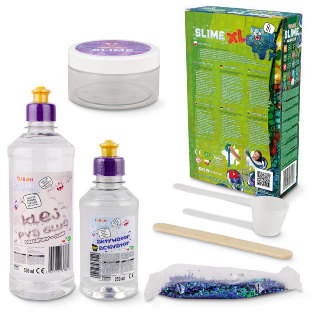 Tuban Chameleon Slime XL DIY slijmset met flessen lijm en activator, een potje, glitters, een roerstaafje en de achterkant van de verpakking.