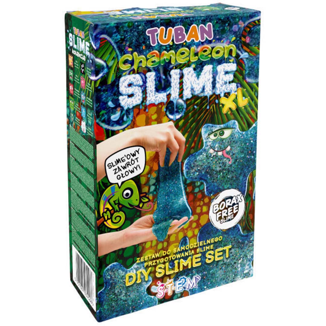 Tuban Chameleon Slime XL verpakking met een hand die blauwe glitterslijm uitrekt en een kameleon.