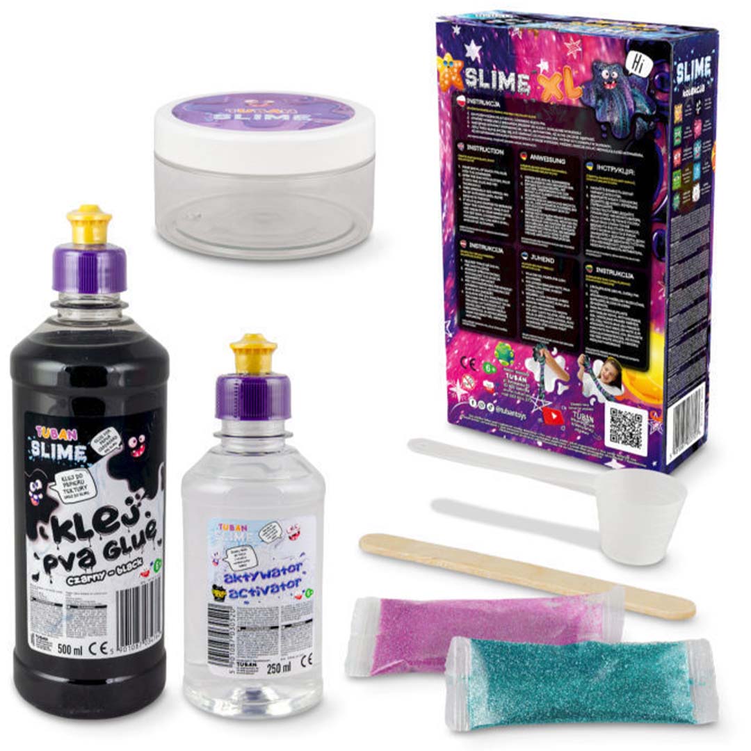 De inhoud van de Tuban Galaxy Slime XL DIY slijm set, met lijm, activator, glitter en gereedschap.