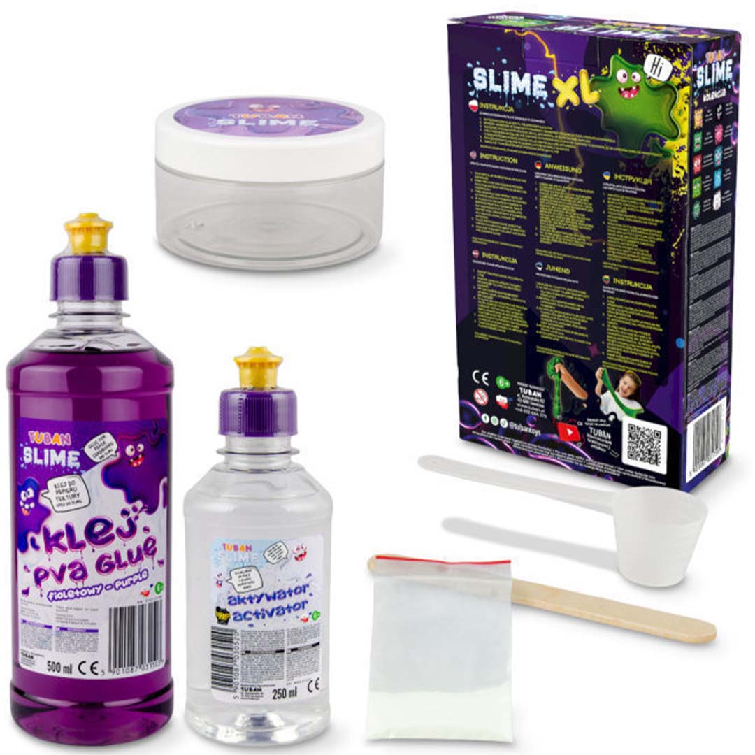 De losse onderdelen van de Tuban Glow Slime XL slijm maken set, inclusief lijm, activator, een potje en gereedschap.