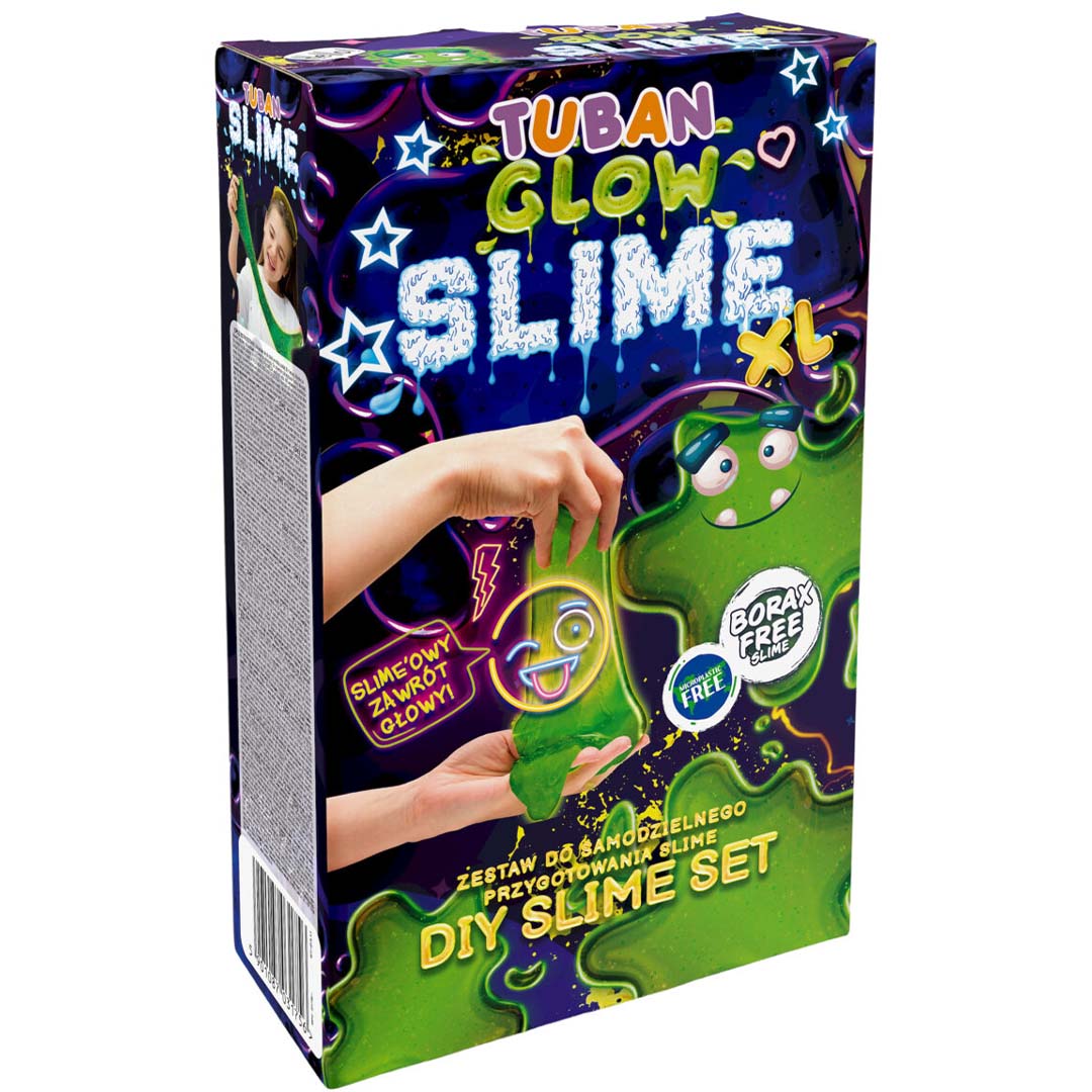 Verpakking van de Tuban Glow Slime XL slijm maken set met een hand die oplichtend slijm vasthoudt.