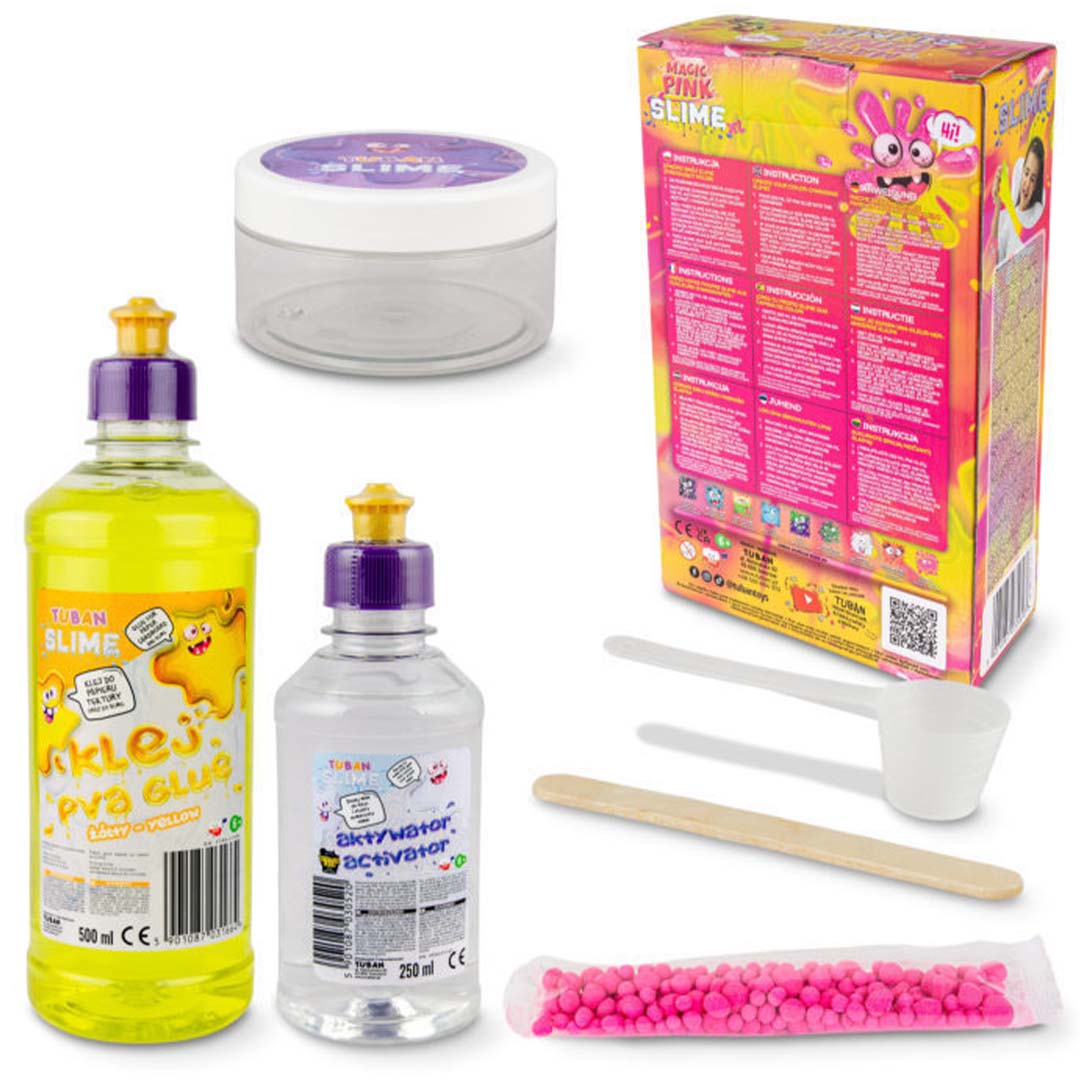 De inhoud van de Tuban Magic Pink Slime XL set met flessen lijm en activator, een leeg potje, roerstaafje, maatlepel en een zakje roze balletjes.