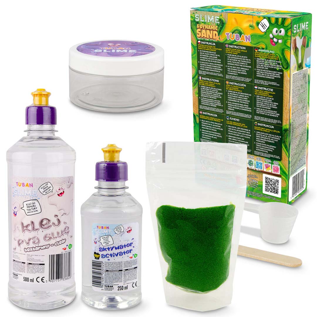 Tuban slijm en kinetisch zand XL set met ingrediënten en gereedschap, inclusief de achterkant van de verpakking.