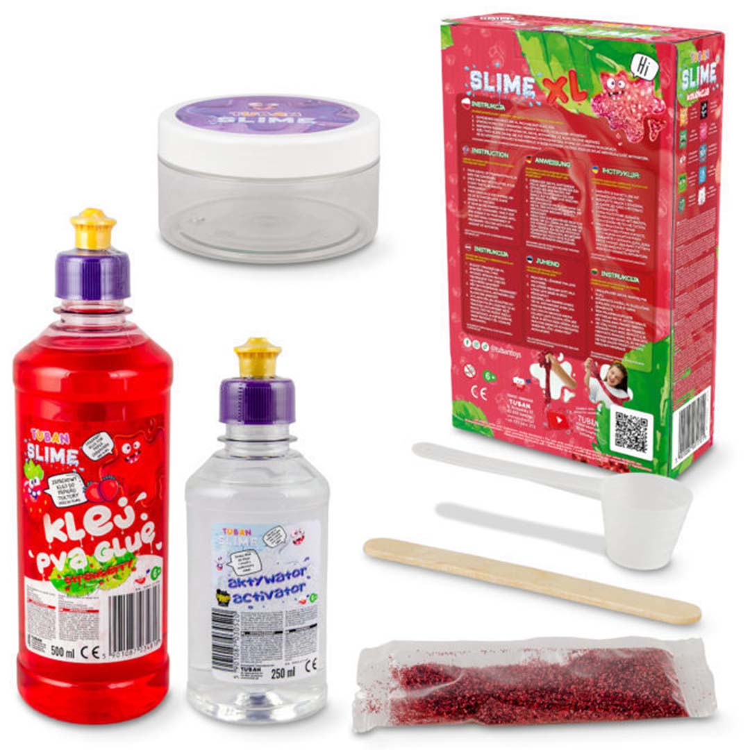 De complete Tuban slijm- en kleispeelgoed set met rode lijm, activator, potje, gereedschap en glitter.