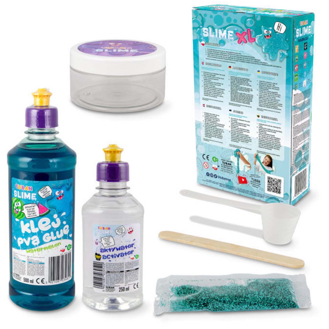 Alle onderdelen van de Tuban XL slijm maakset, inclusief blauwe lijm, activator en glitter.