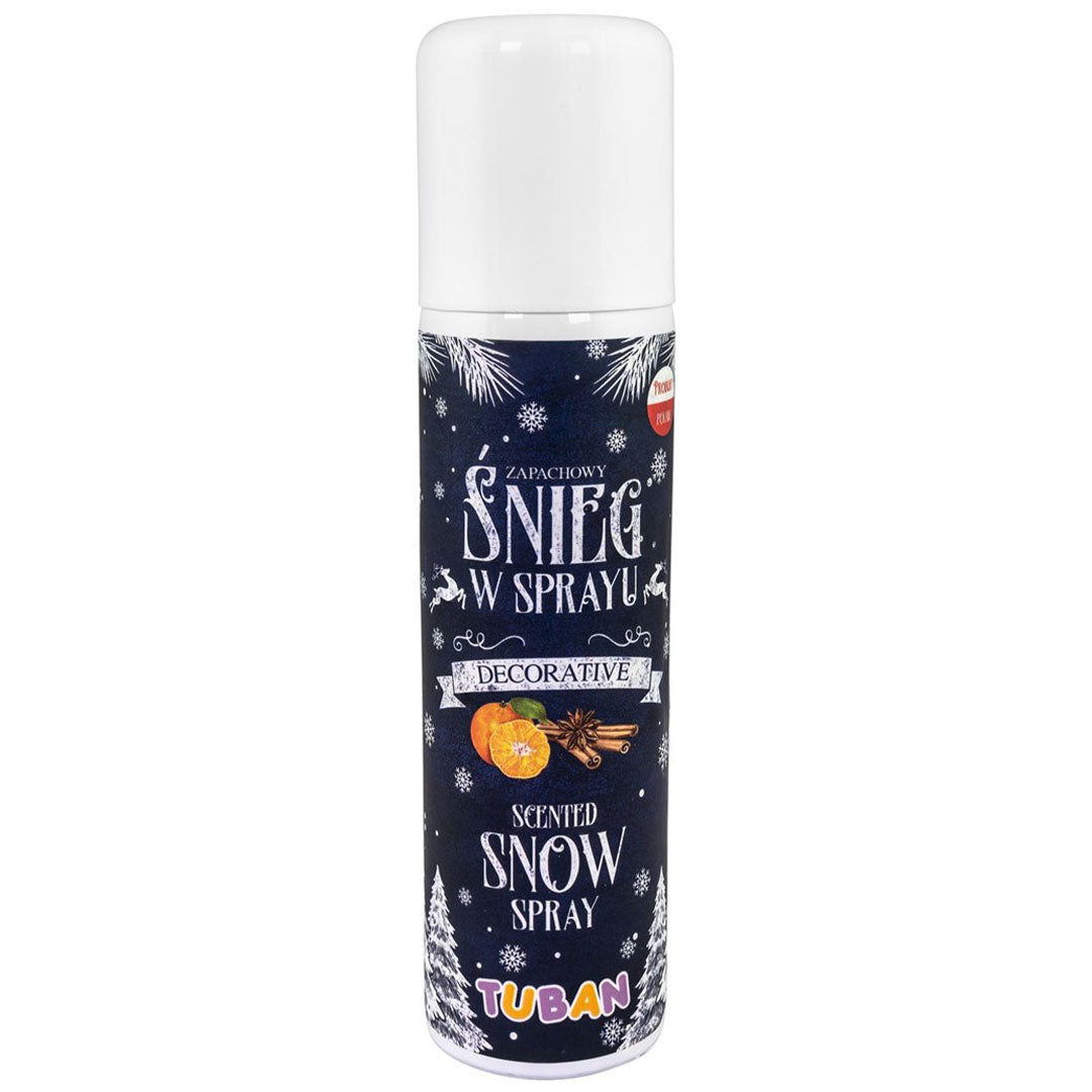 Tuban sneeuw spray in een blauwe spuitbus met witte sneeuwvlokken en afbeeldingen van sinaasappels en kaneel.